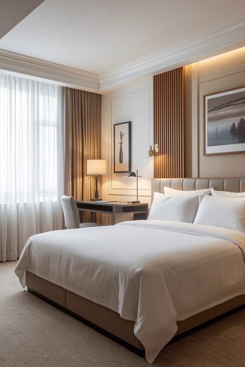 Elegant hotel room with king-size bed, white bedding, upholstered headboard, desk, and warm ambient lighting