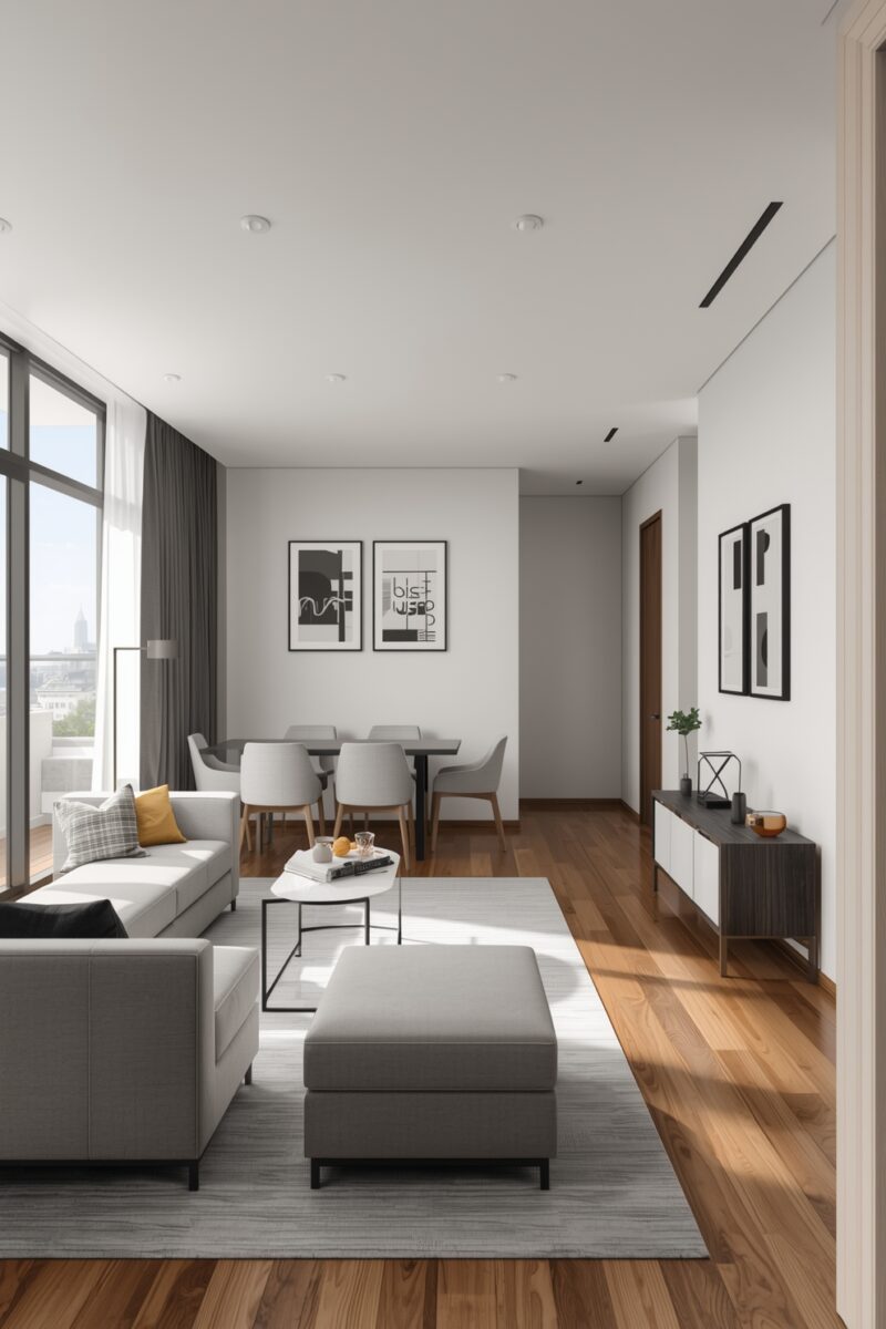 Modern minimalist living and dining room with gray sofas, hardwood floors, white walls, and floor-to-ceiling windows