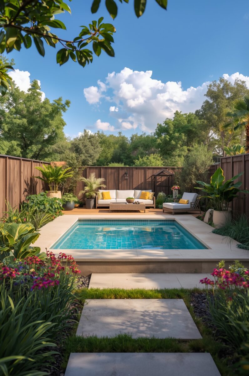 Lush backyard oasis with rectangular turquoise tiled pool, white outdoor sofa with yellow cushions, and tropical plants