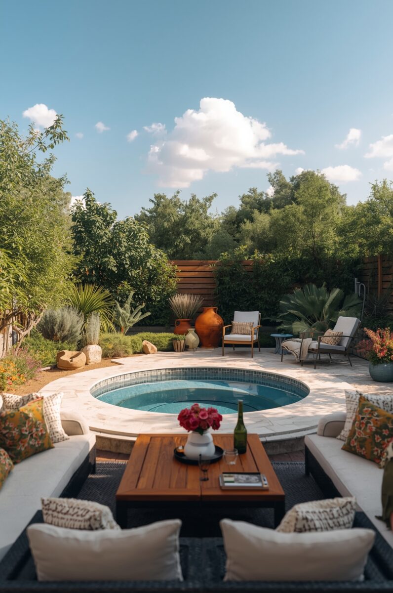 Luxurious backyard patio with round plunge pool, outdoor sectional sofa, wooden coffee table, and lush garden landscaping