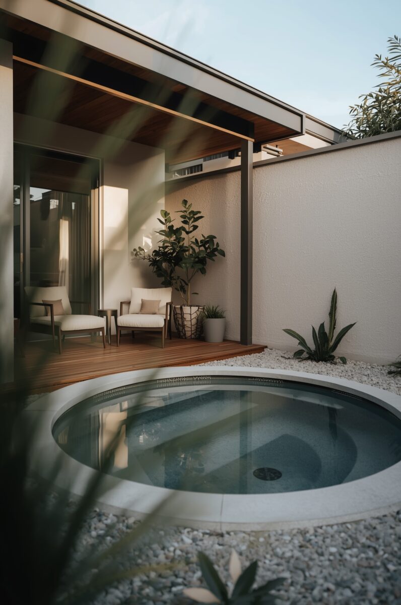 Modern outdoor courtyard with circular plunge pool, wooden deck, white lounge chairs, and lush potted plants