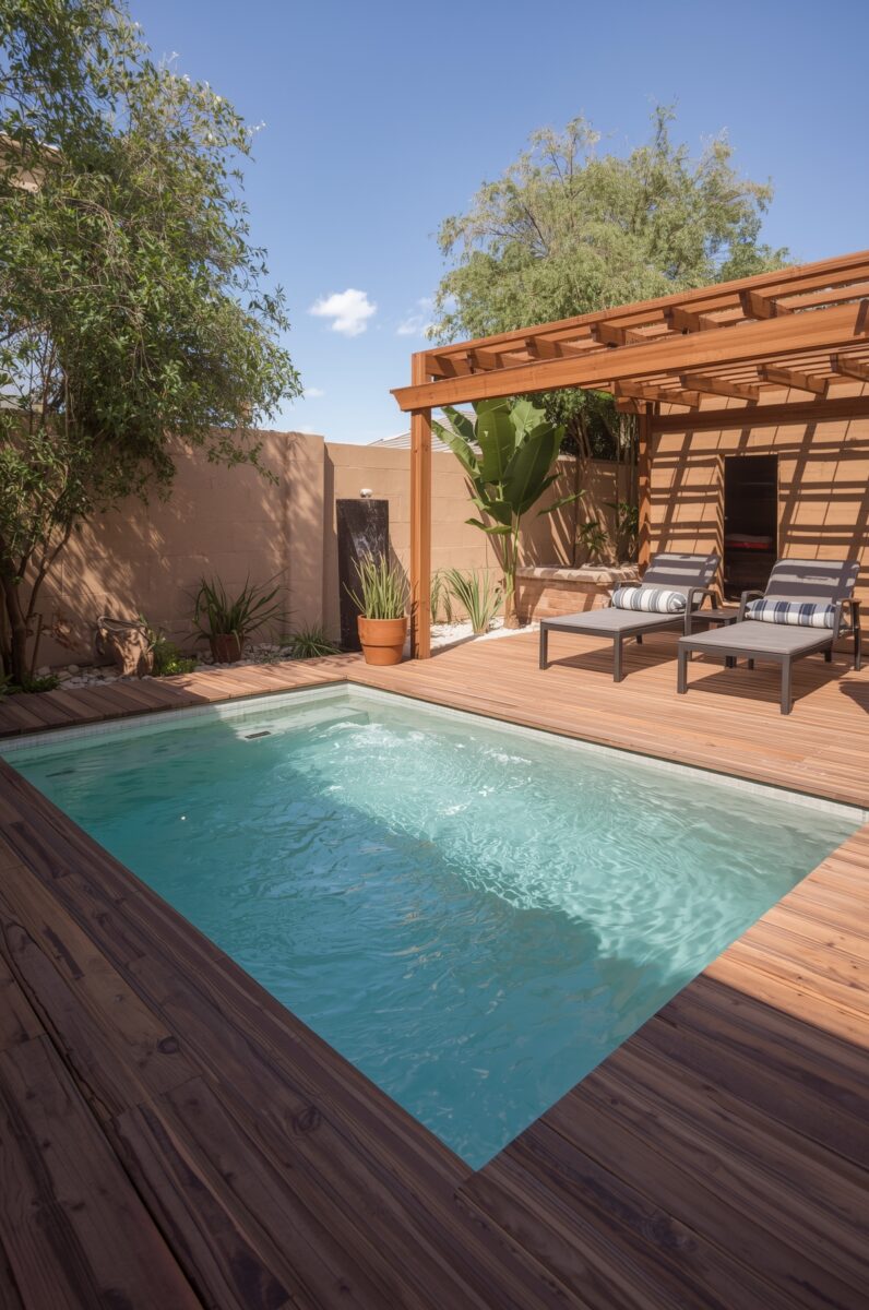 Small backyard pool with wood decking, pergola, lounge chairs, and tropical plants under blue sky