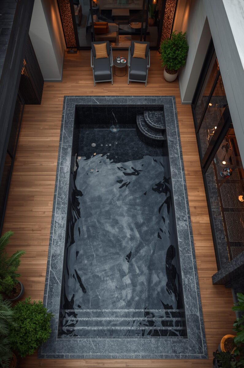 Aerial view of a luxury dark slate swimming pool surrounded by warm wooden deck with lounge chairs and tropical plants