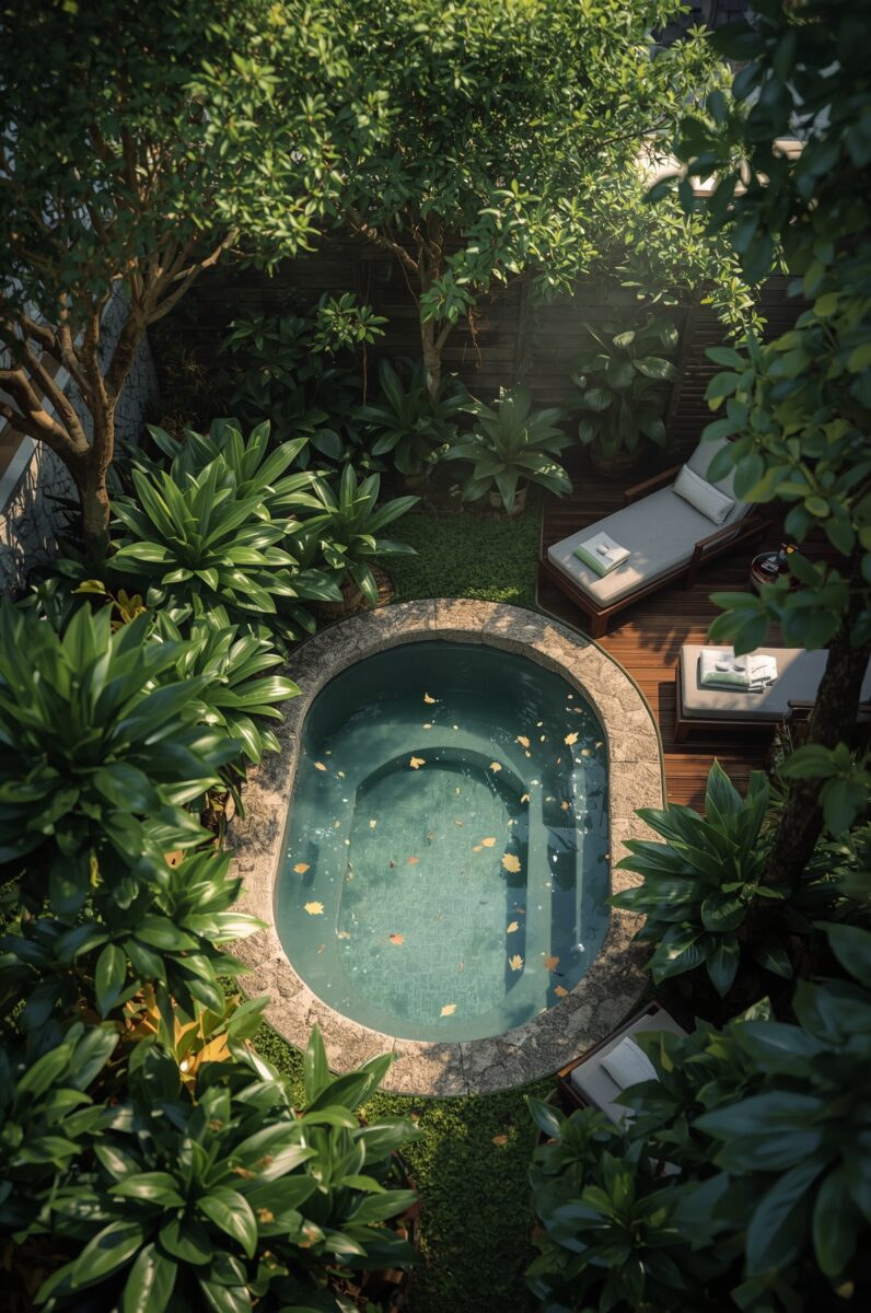 Aerial view of a small oval plunge pool surrounded by lush tropical greenery and wooden deck loungers