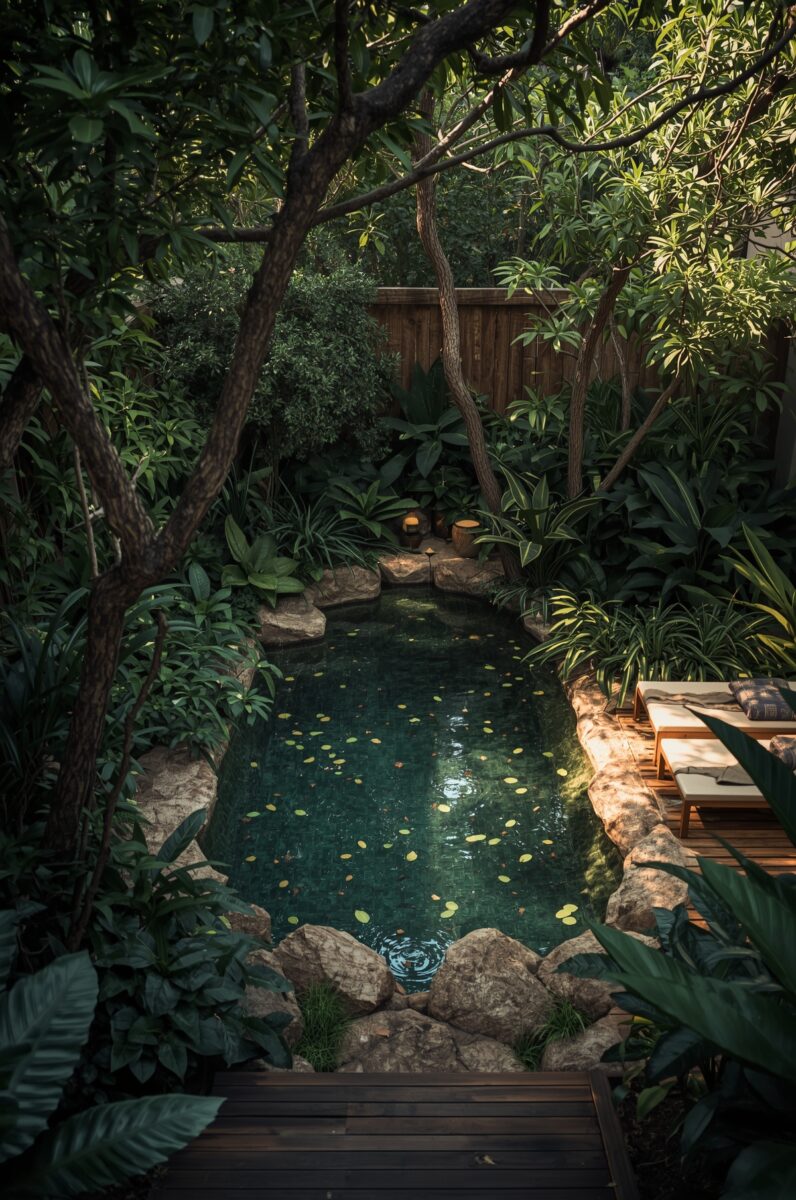Lush tropical garden with natural rock-edged plunge pool surrounded by dense green foliage and wooden deck loungers
