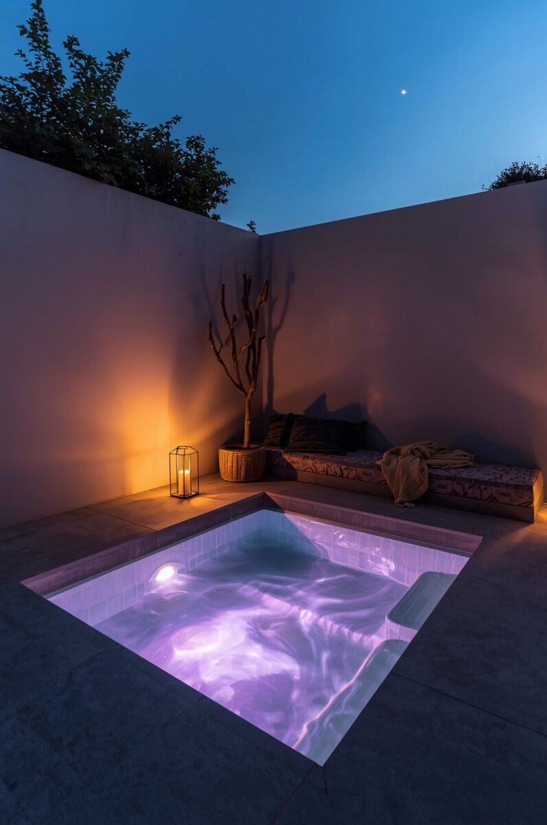 Illuminated outdoor hot tub with purple LED lighting at twilight, surrounded by white walls and cozy seating area