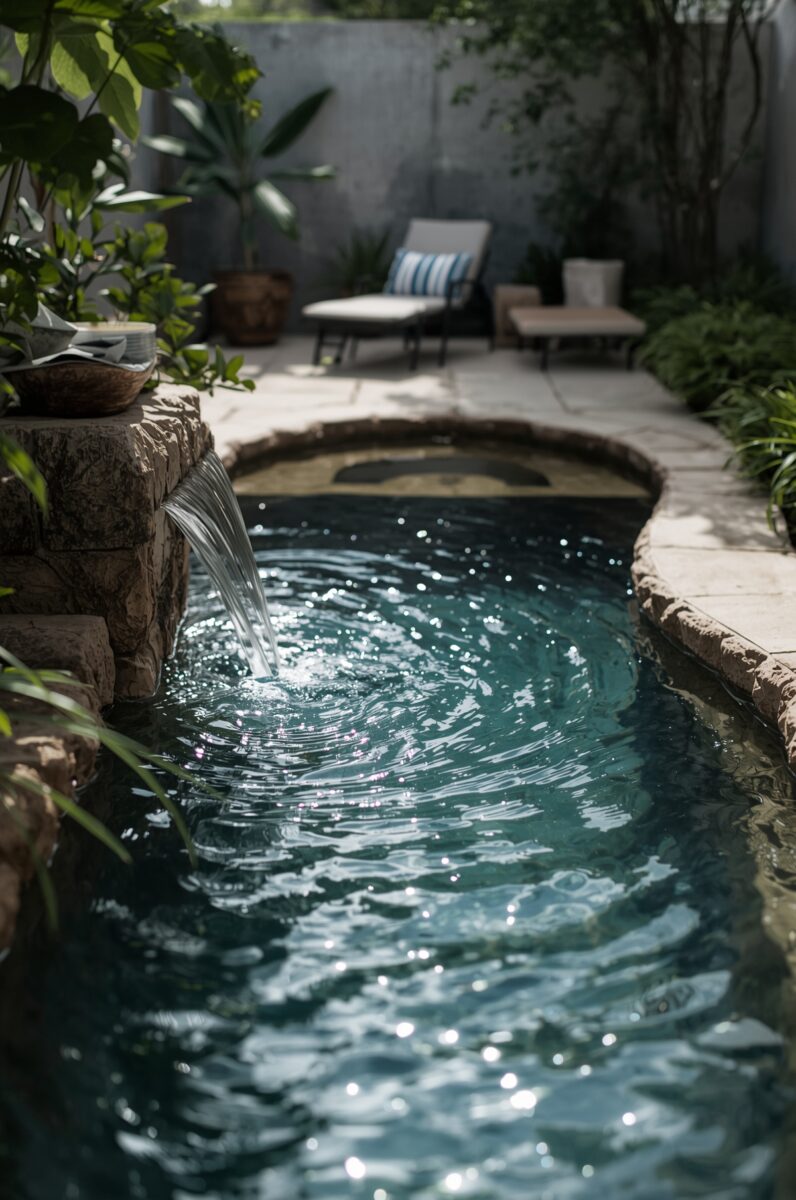 Small backyard plunge pool with stone waterfall feature, tropical plants, and striped lounge chair on stone patio