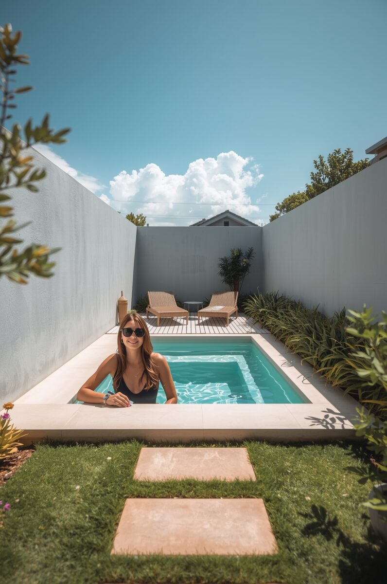 Woman in black swimsuit relaxing in a small rectangular plunge pool in a modern white-walled backyard