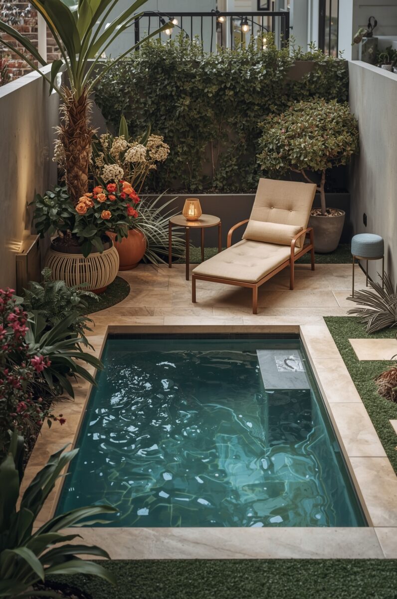 Small luxury backyard plunge pool surrounded by tropical plants with a beige lounge chair and lantern on travertine tiles