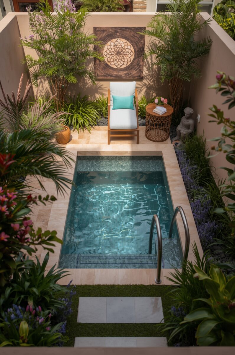 Aerial view of a small rectangular plunge pool surrounded by tropical plants, a wooden lounge chair, and decorative mandala wall art