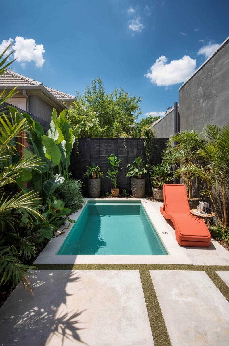 Small rectangular plunge pool surrounded by tropical plants with an orange lounge chair on white stone patio