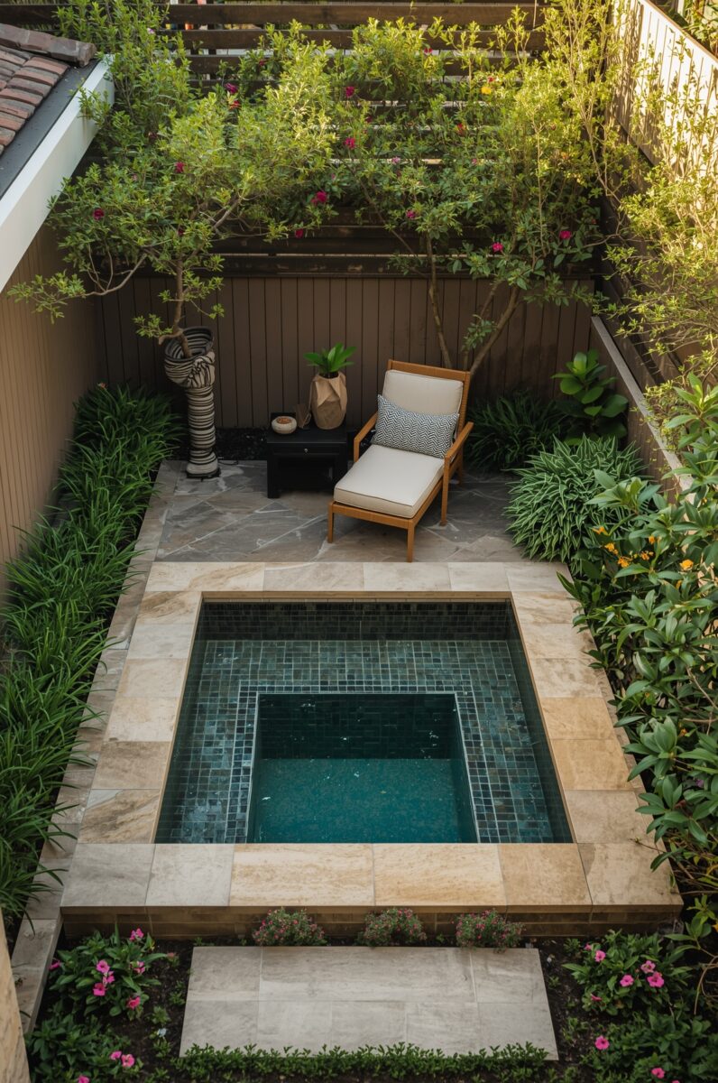 Aerial view of a small courtyard with a square mosaic tile plunge pool, lounge chair, and lush greenery