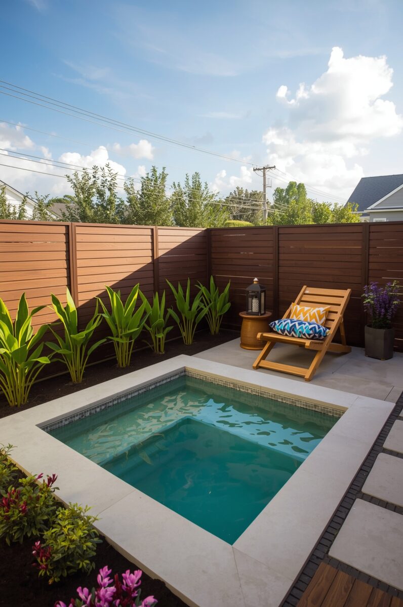 Small square plunge pool with turquoise water, wooden lounge chair with colorful pillows, tropical plants, and brown horizontal privacy fence in backyard