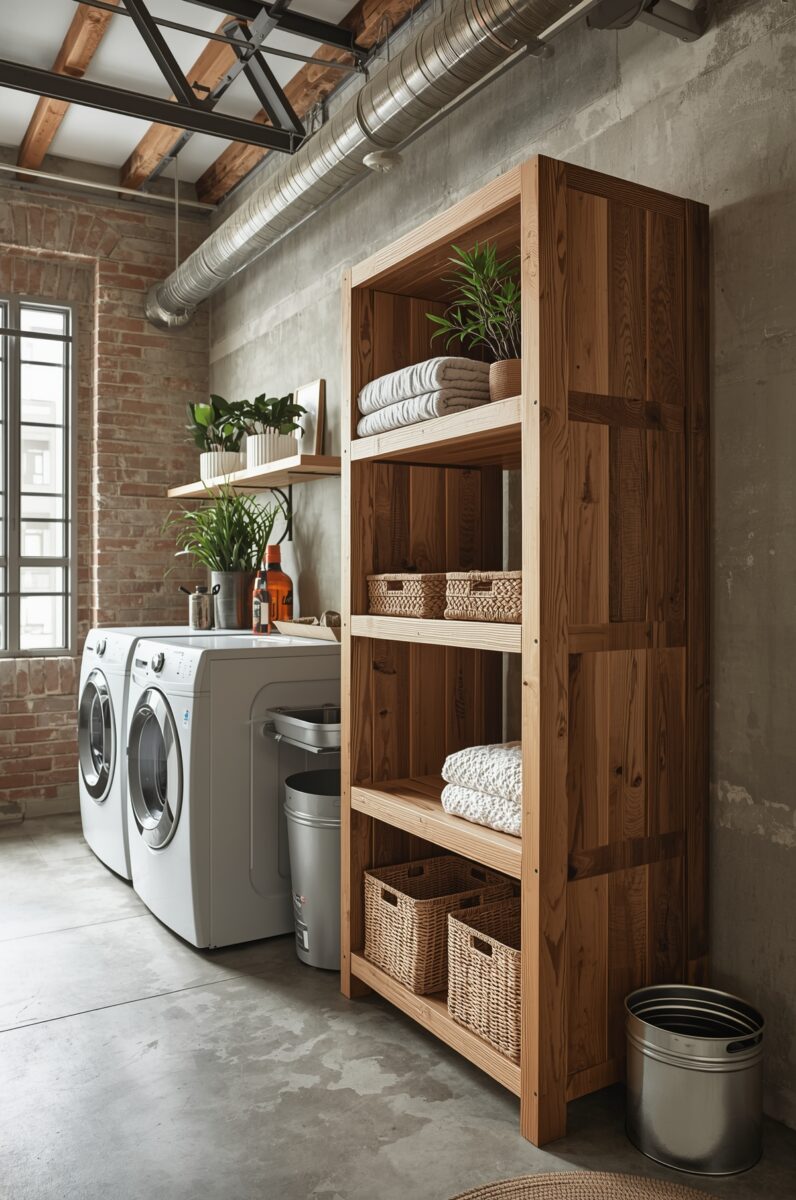 Industrial-style laundry room with wooden shelving unit, wicker baskets, folded towels, washer and dryer, exposed brick walls