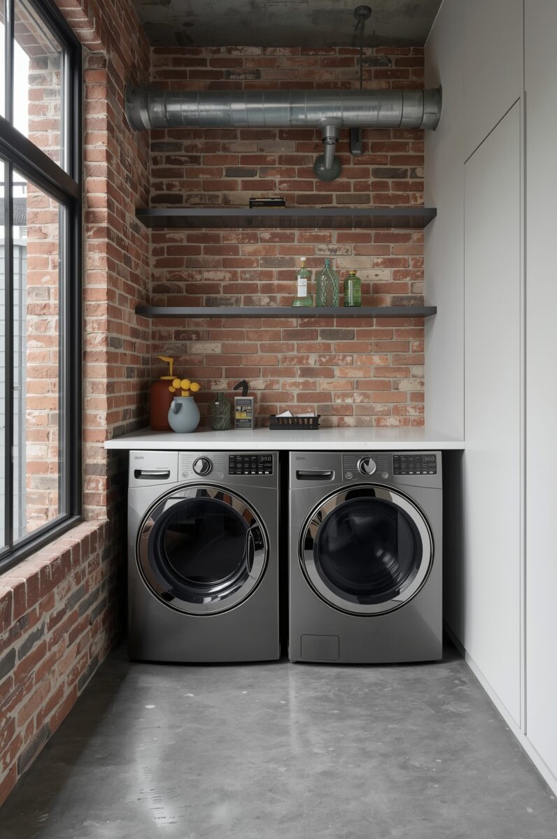 Modern industrial laundry room with two gray front-load washer and dryer, exposed brick wall, concrete floor, and floating shelves