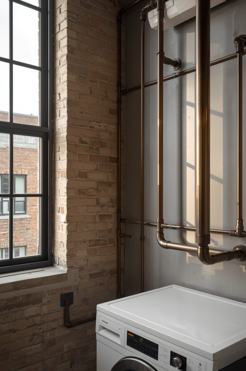 Industrial laundry room with exposed copper pipes, brick wall, black-framed window, and white front-load washing machine