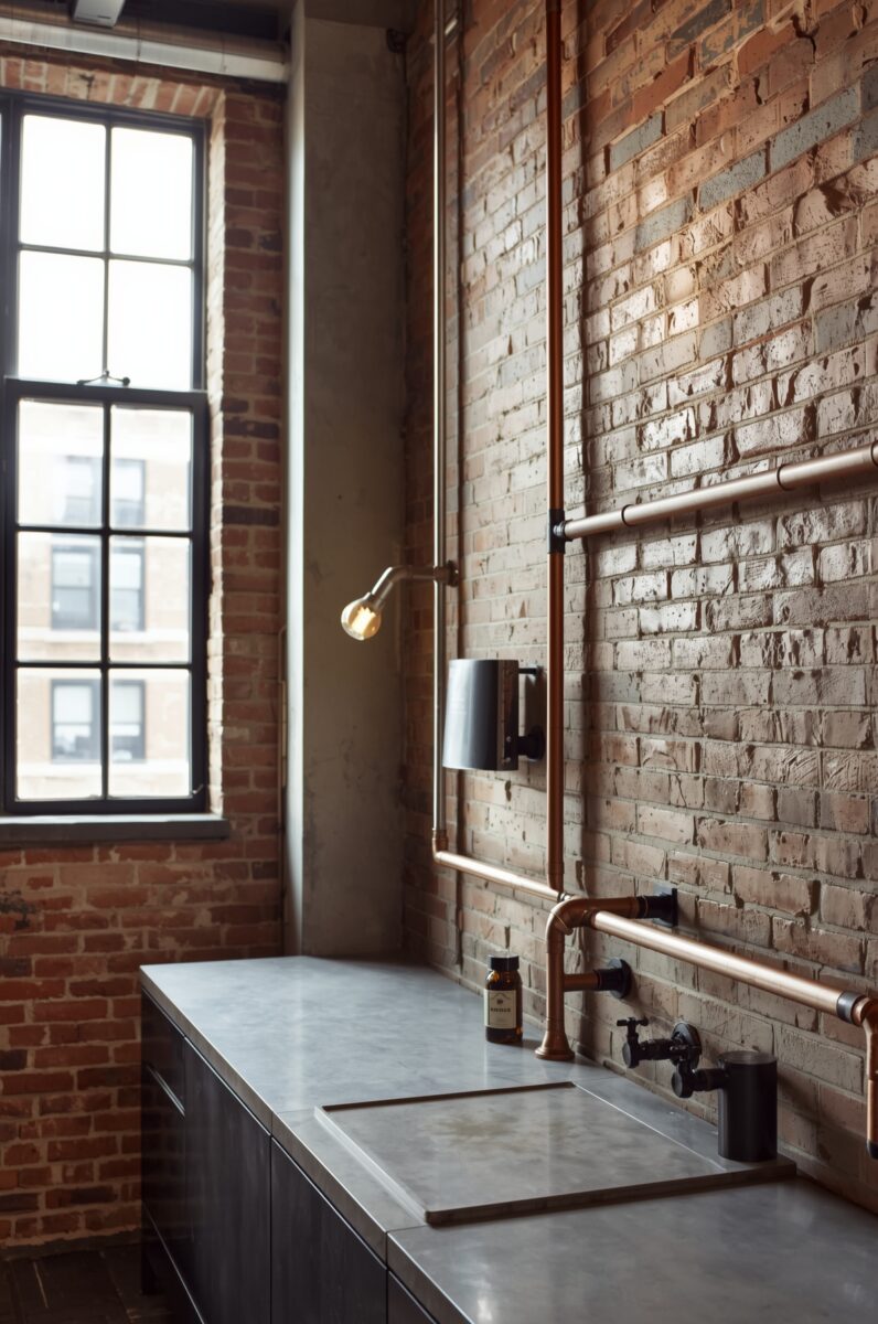 Industrial loft bathroom with exposed brick wall, copper pipes, concrete countertop sink, and Edison bulb wall light