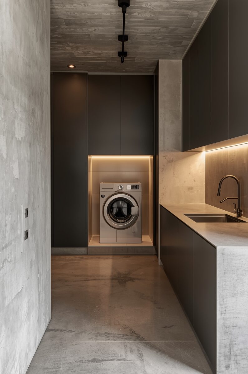 Modern minimalist laundry room with front-load washer in illuminated niche, dark matte cabinets, and concrete floors