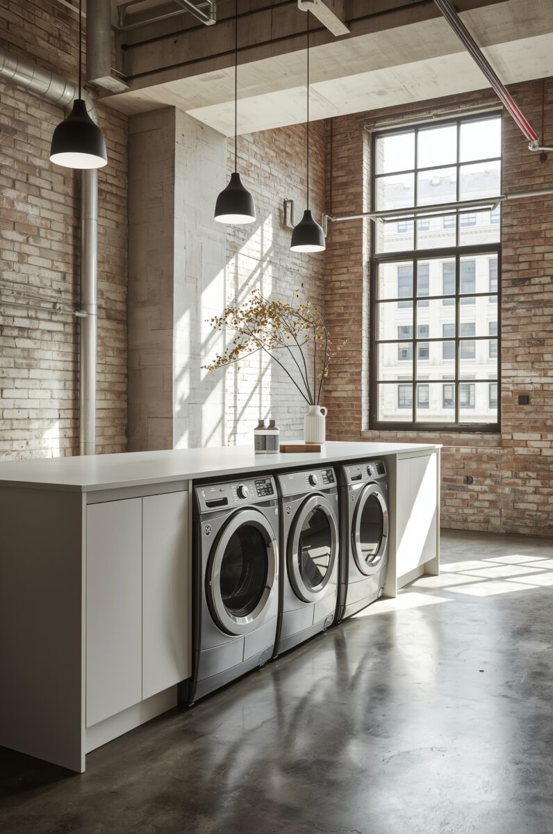 Industrial loft laundry room with three front-load washers built into white cabinetry, exposed brick walls, and concrete floors