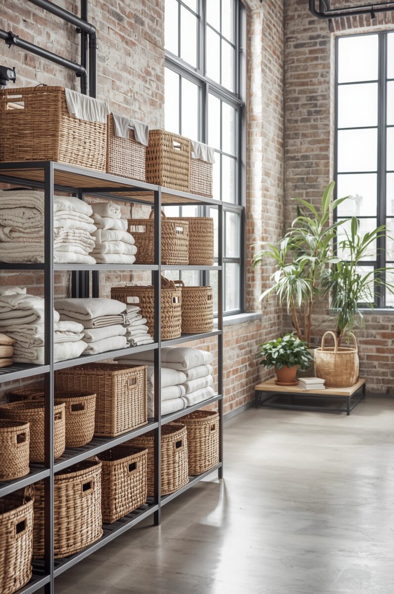 Industrial loft storage shelving unit with wicker baskets and folded white linens against exposed brick wall