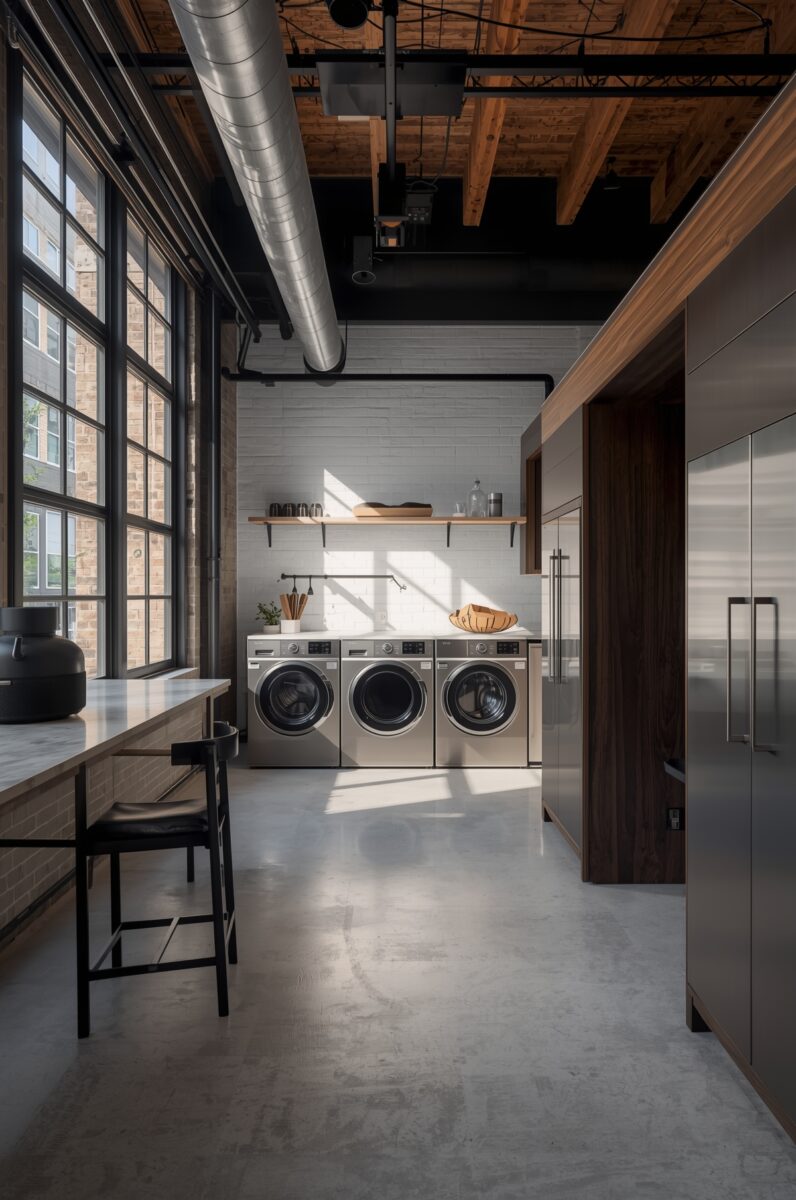 Industrial-style laundry room with three stainless steel front-load washers, exposed ductwork, wooden ceiling, and concrete floors
