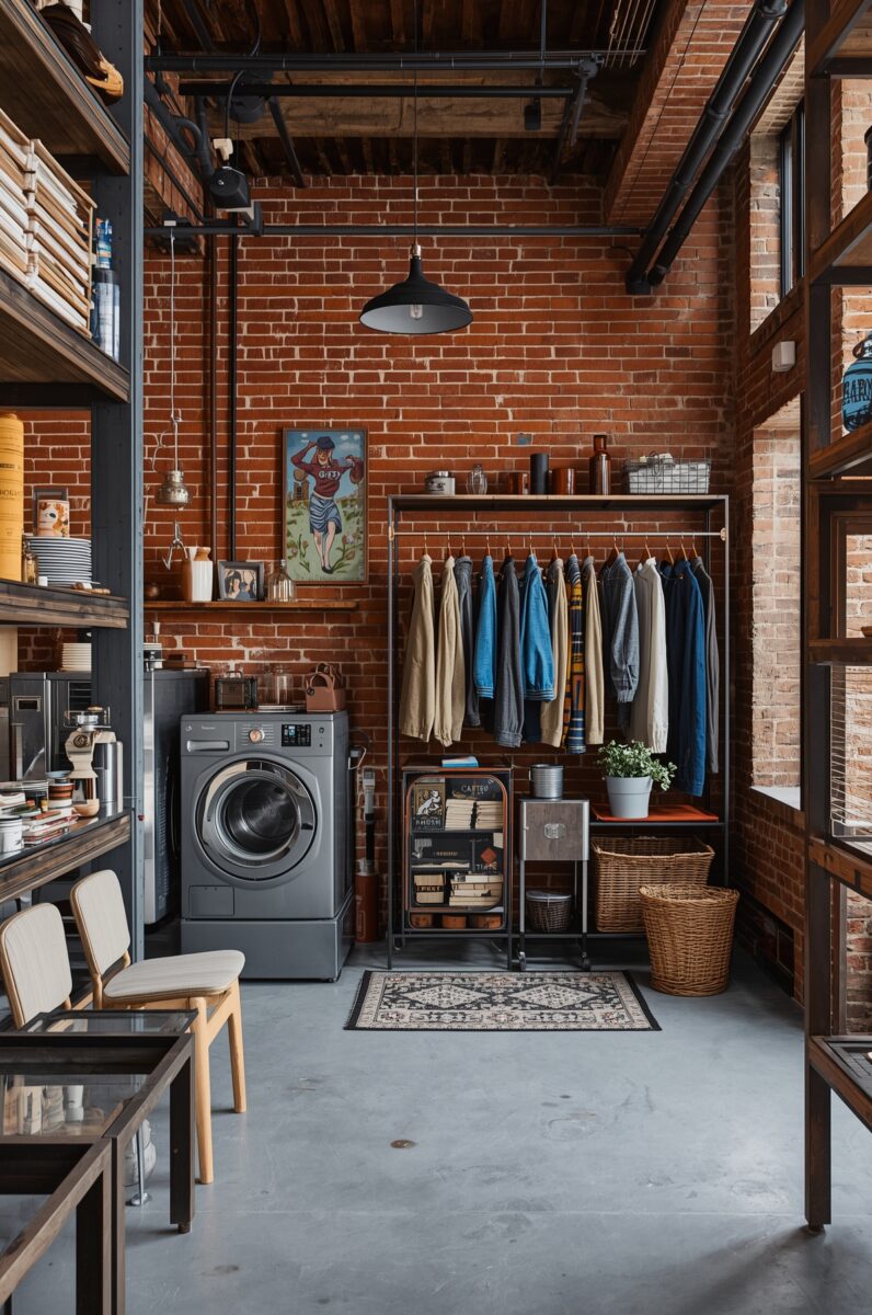 Industrial loft laundry room with exposed brick walls, clothing rack, washing machine, wooden shelves, and concrete floors