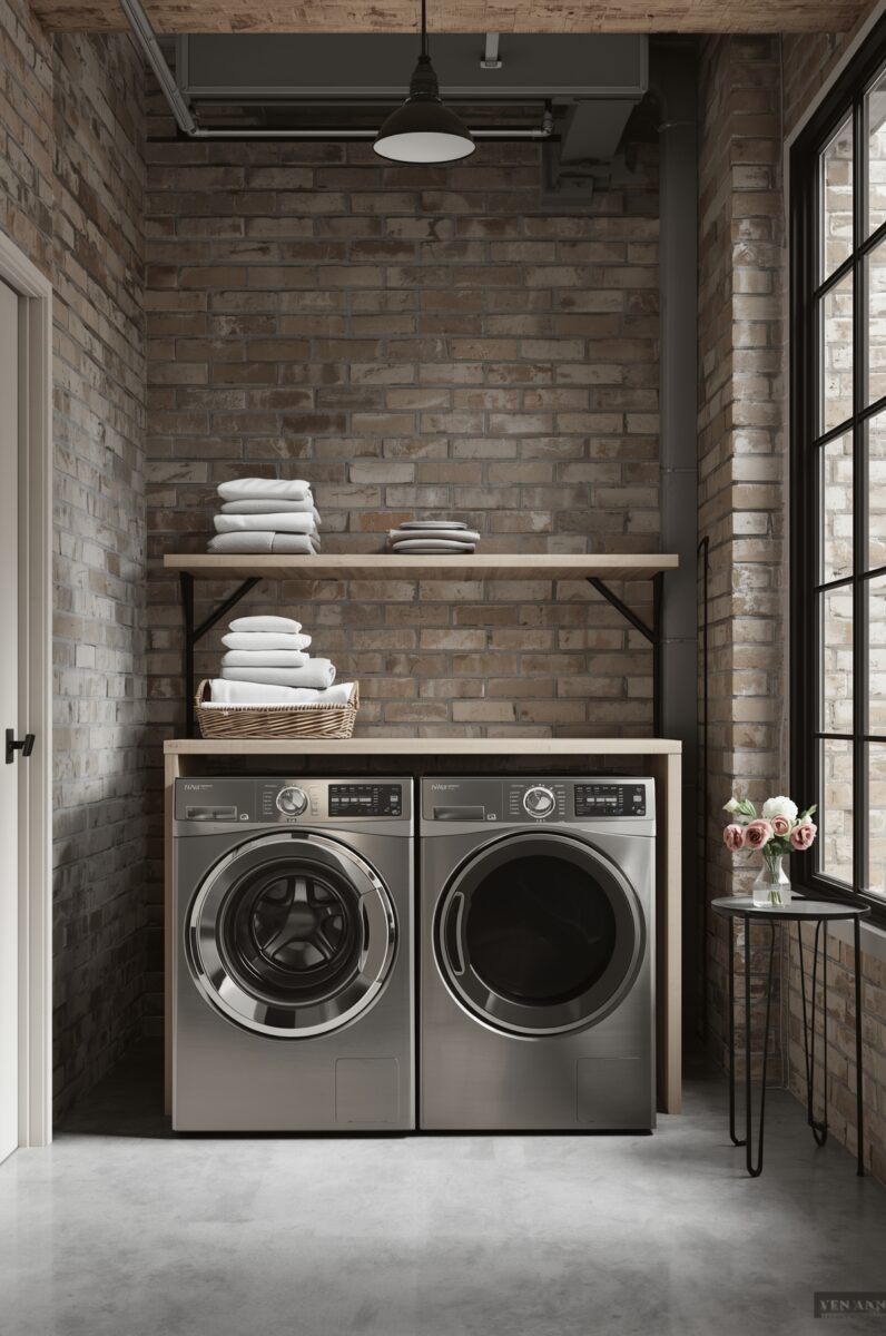 Industrial-style laundry room with two silver front-load washers, exposed brick walls, wooden shelf with folded white towels