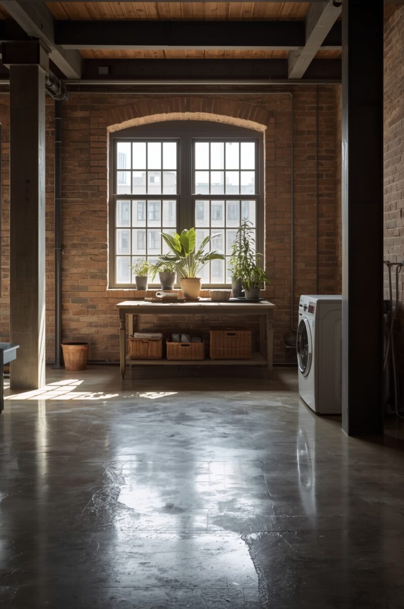 Industrial loft laundry room with exposed brick walls, potted plants on wooden workbench, and polished concrete floors