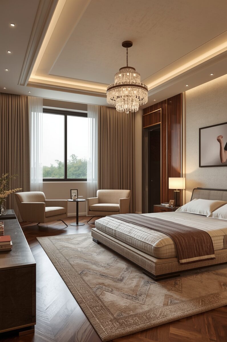 Luxury hotel-style bedroom with crystal chandelier, king bed, herringbone wood floors, and neutral tones