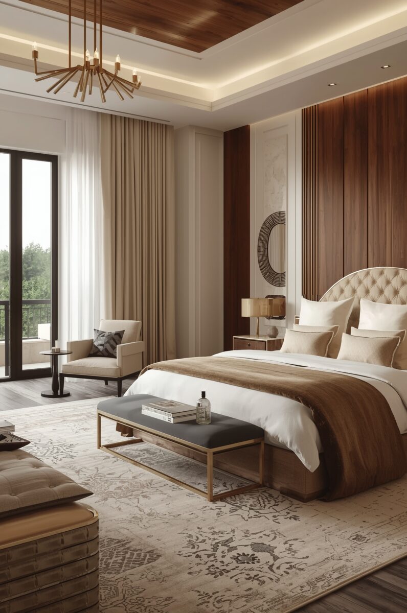 Luxury master bedroom with tufted beige headboard, dark wood accent wall, gold chandelier, and neutral decor