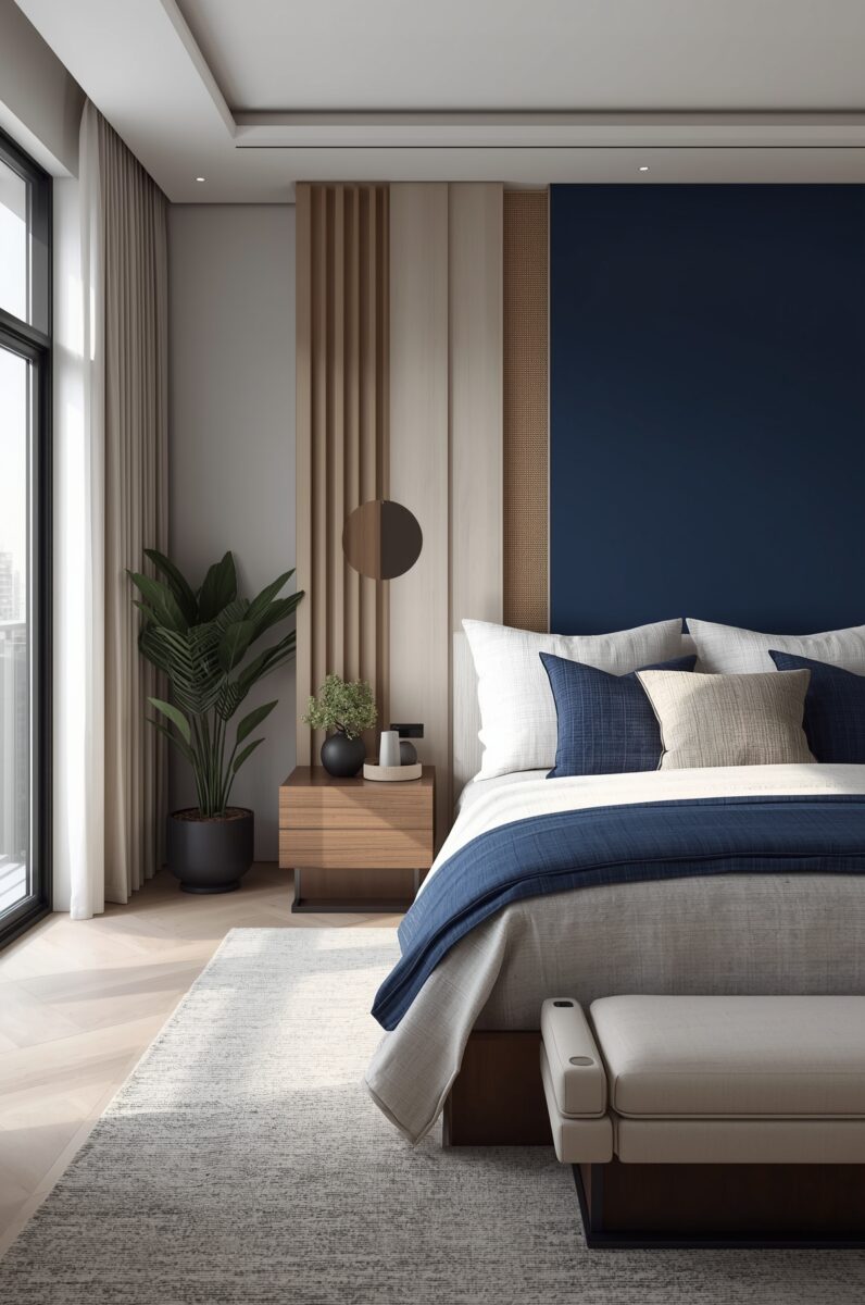 Modern bedroom with navy blue accent wall, layered white and blue bedding, wood nightstand, and large window