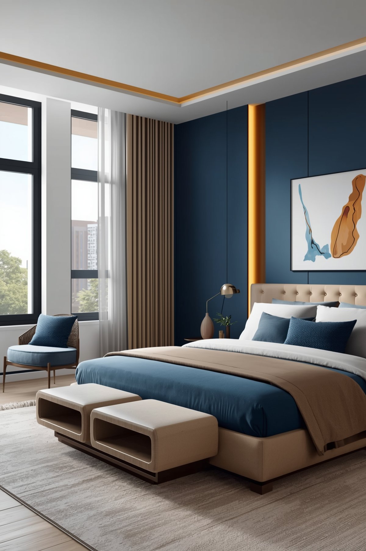 Modern luxury bedroom with navy blue accent wall, tufted beige headboard, blue bedding, and gold ceiling trim