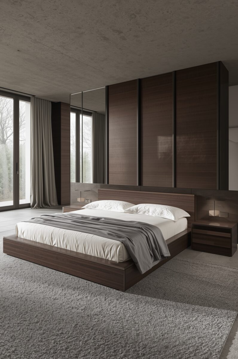 Modern minimalist bedroom with dark walnut platform bed, white bedding, gray rug, and floor-to-ceiling wooden wardrobe