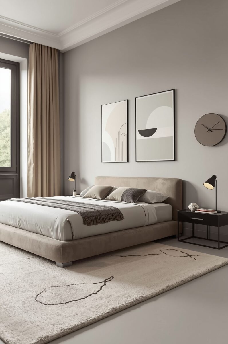 Modern minimalist bedroom with taupe upholstered bed, abstract wall art, black nightstands, and neutral toned rug