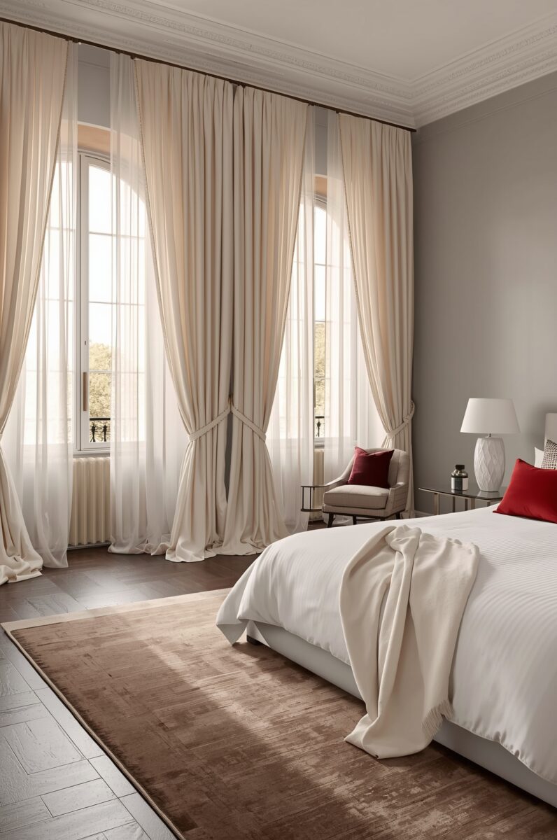 Elegant bedroom with floor-to-ceiling cream curtains, white bedding, red accent pillows, and a neutral armchair by tall windows