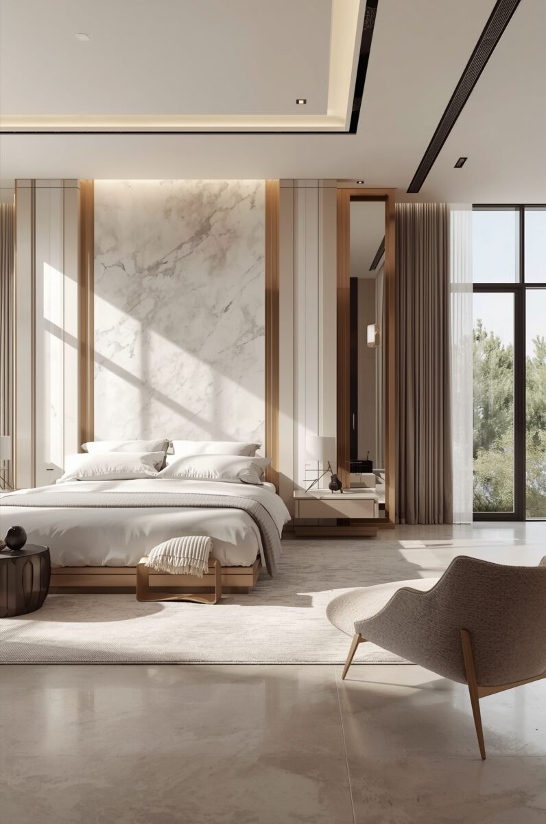 Luxury modern bedroom with marble accent wall, king bed, neutral tones, floor-to-ceiling windows, and designer lounge chair