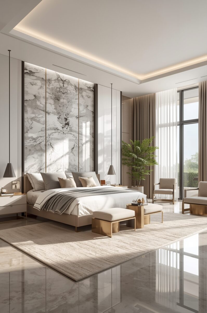 Luxury modern master bedroom with marble accent wall, king bed, gold accents, and floor-to-ceiling windows