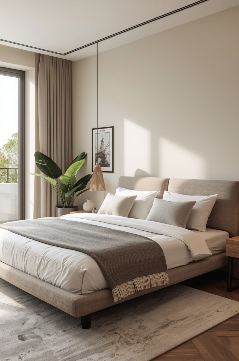 Modern minimalist bedroom with beige upholstered bed, white pillows, gray throw blanket, pendant light, and tropical plant