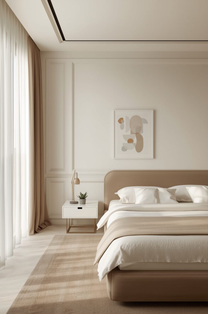 Minimalist bedroom with tan upholstered bed, white bedding, neutral curtains, and abstract wall art