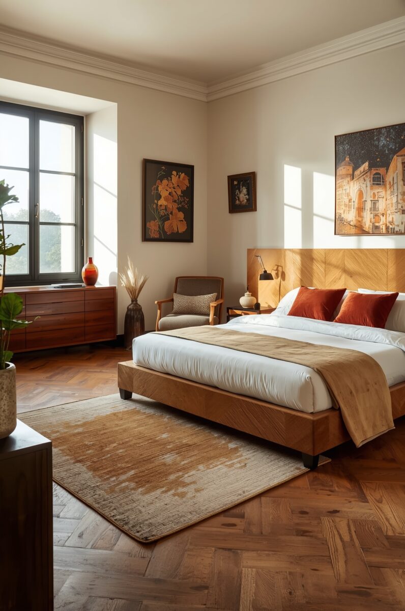 Warm modern bedroom with herringbone wood floors, platform bed, rust-red pillows, and sunlit white walls with art
