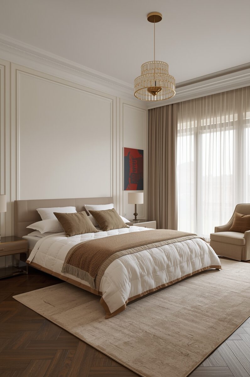 Elegant modern bedroom with beige upholstered bed, white quilted duvet, gold chandelier, and chevron hardwood floors