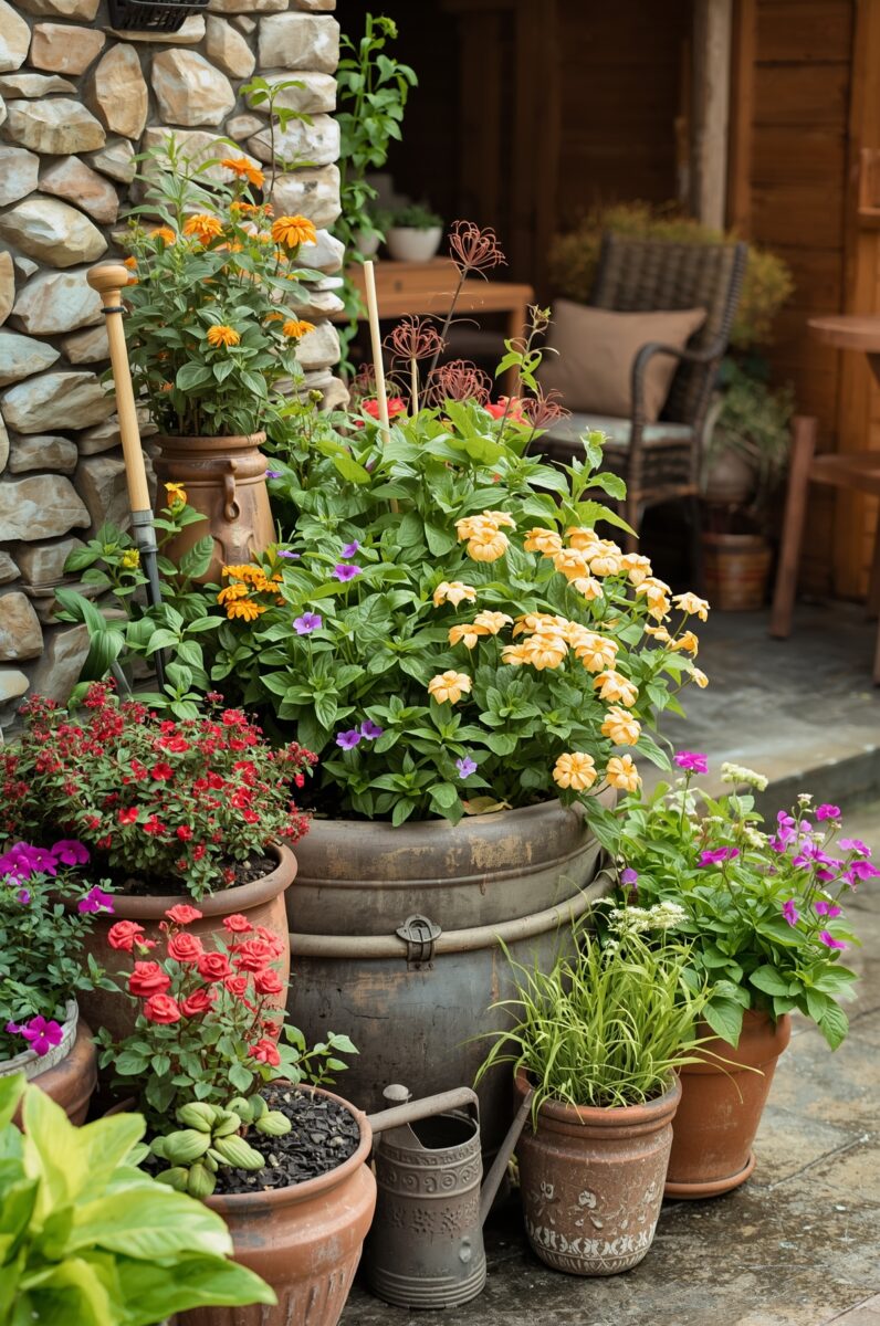 Colorful container garden with terracotta pots, yellow and red flowers, and a vintage metal barrel planter on a stone patio