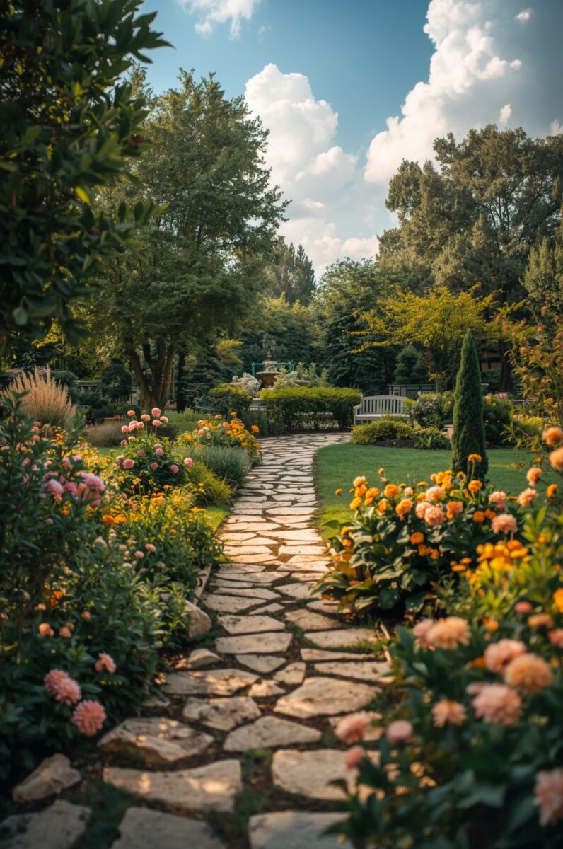 Stone pathway winding through a lush garden with colorful pink and orange flowers, white bench, fountain, and tall trees
