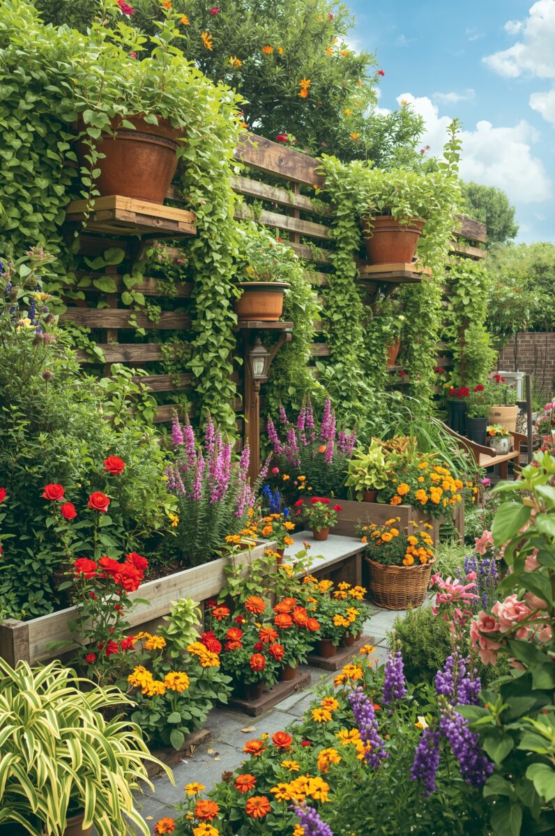 Lush vertical garden with wooden pallet shelves, terracotta pots, and colorful flowers including marigolds, roses, and lavender