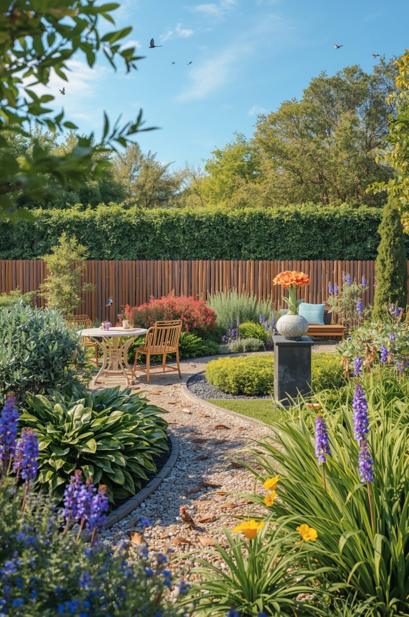 Colorful backyard garden with gravel path, wooden chairs, dining table, purple lavender, orange tulips, and neatly trimmed hedges under blue sky