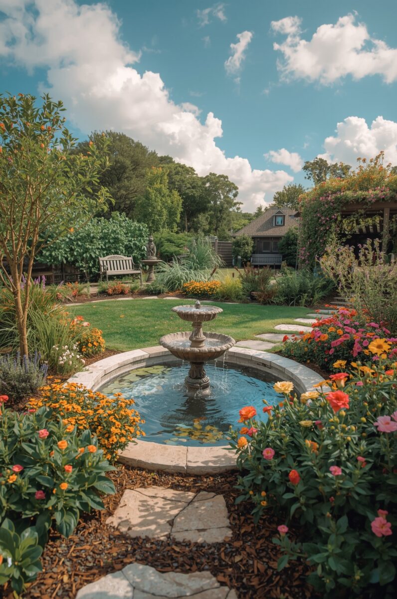 Beautiful garden with tiered stone fountain, colorful flowers, green lawn, wooden bench, and house in background