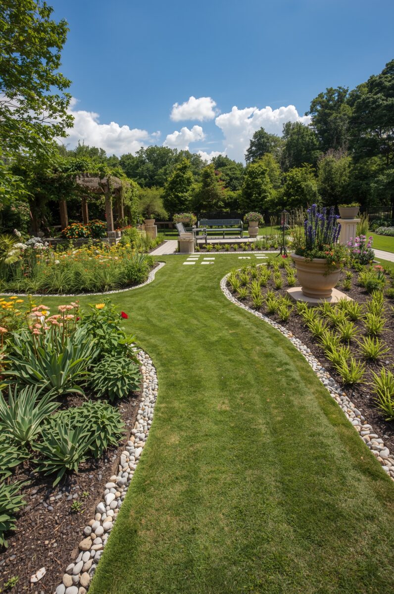Beautifully landscaped garden with curved grass pathway, white river rock edging, colorful flower beds, and pergola seating area