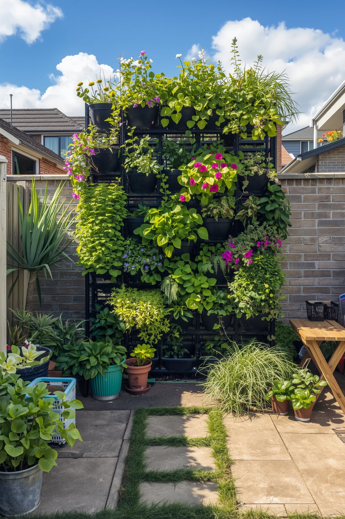 Lush vertical garden wall with black modular planters filled with colorful flowers and green foliage on a brick patio