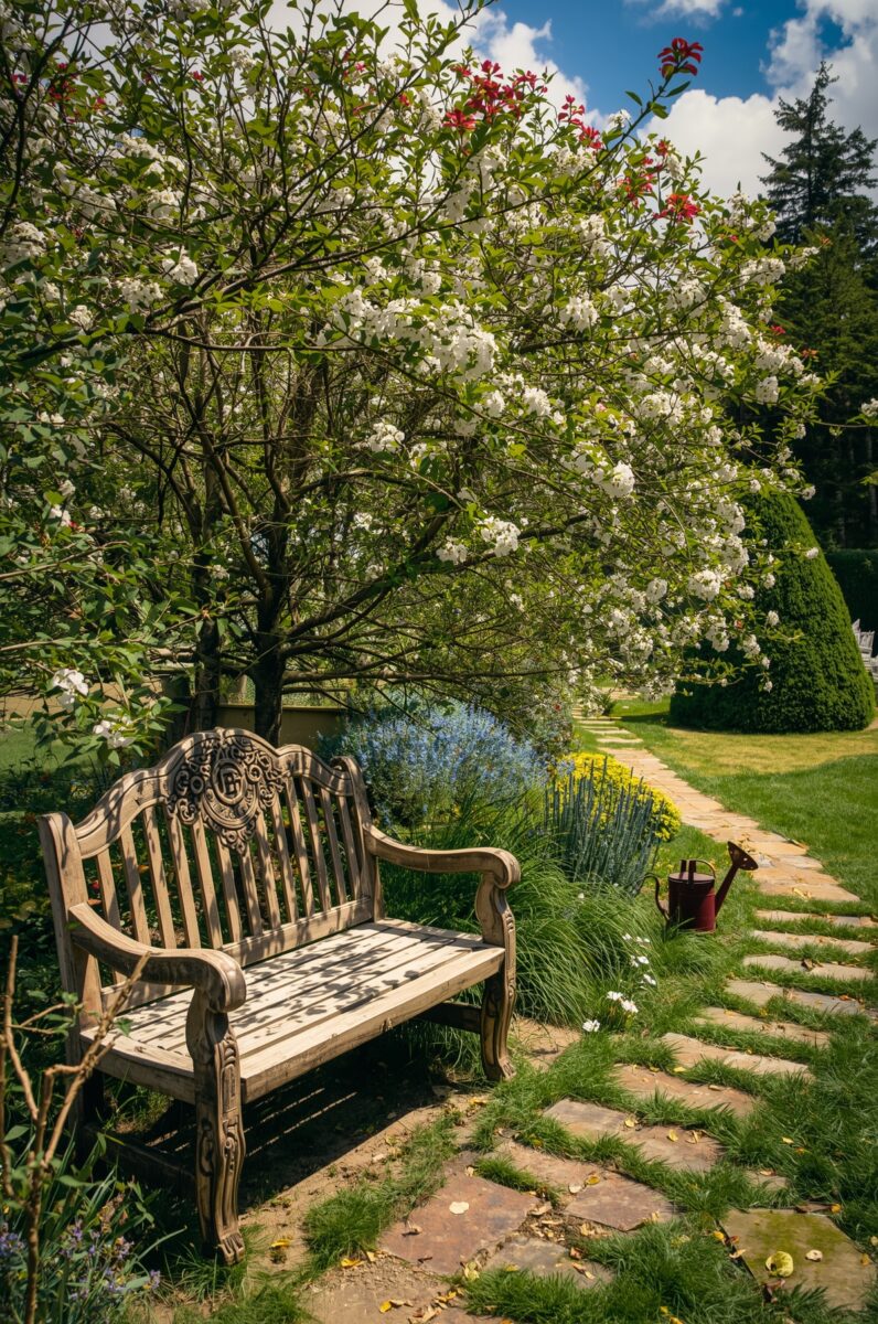 Ornate wooden garden bench beside a blooming white flowering tree with stone pathway and watering can