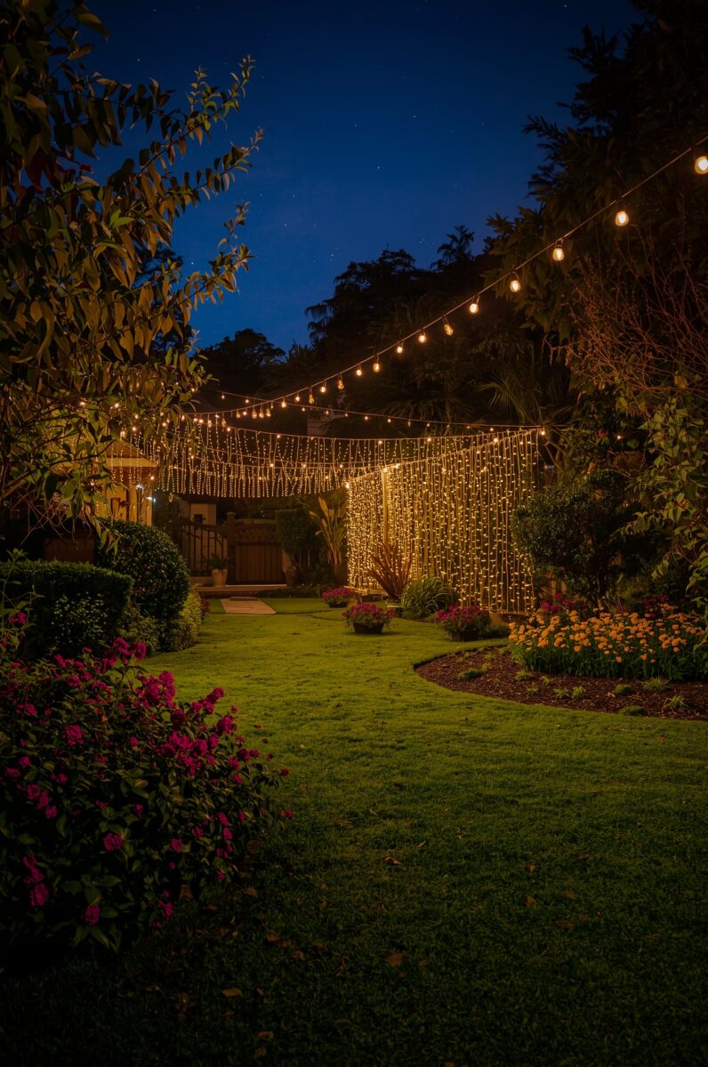 Enchanting backyard garden at night with string lights and fairy light curtain over lush green lawn and colorful flowers